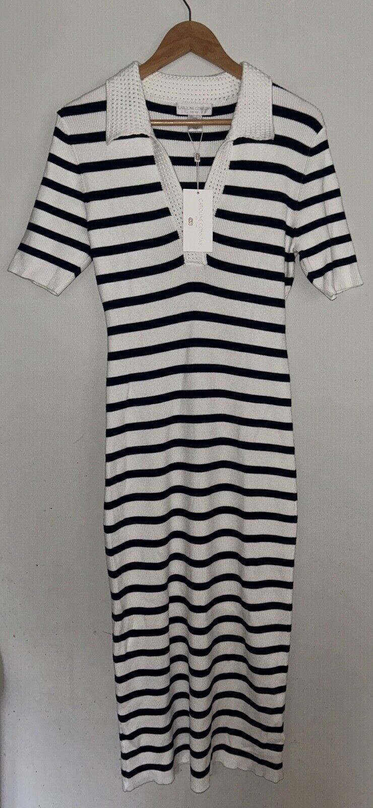 $695 NEW! NWT CAROLINE CONSTAS Knit Stretch Midi Dress Striped White/Navy XL