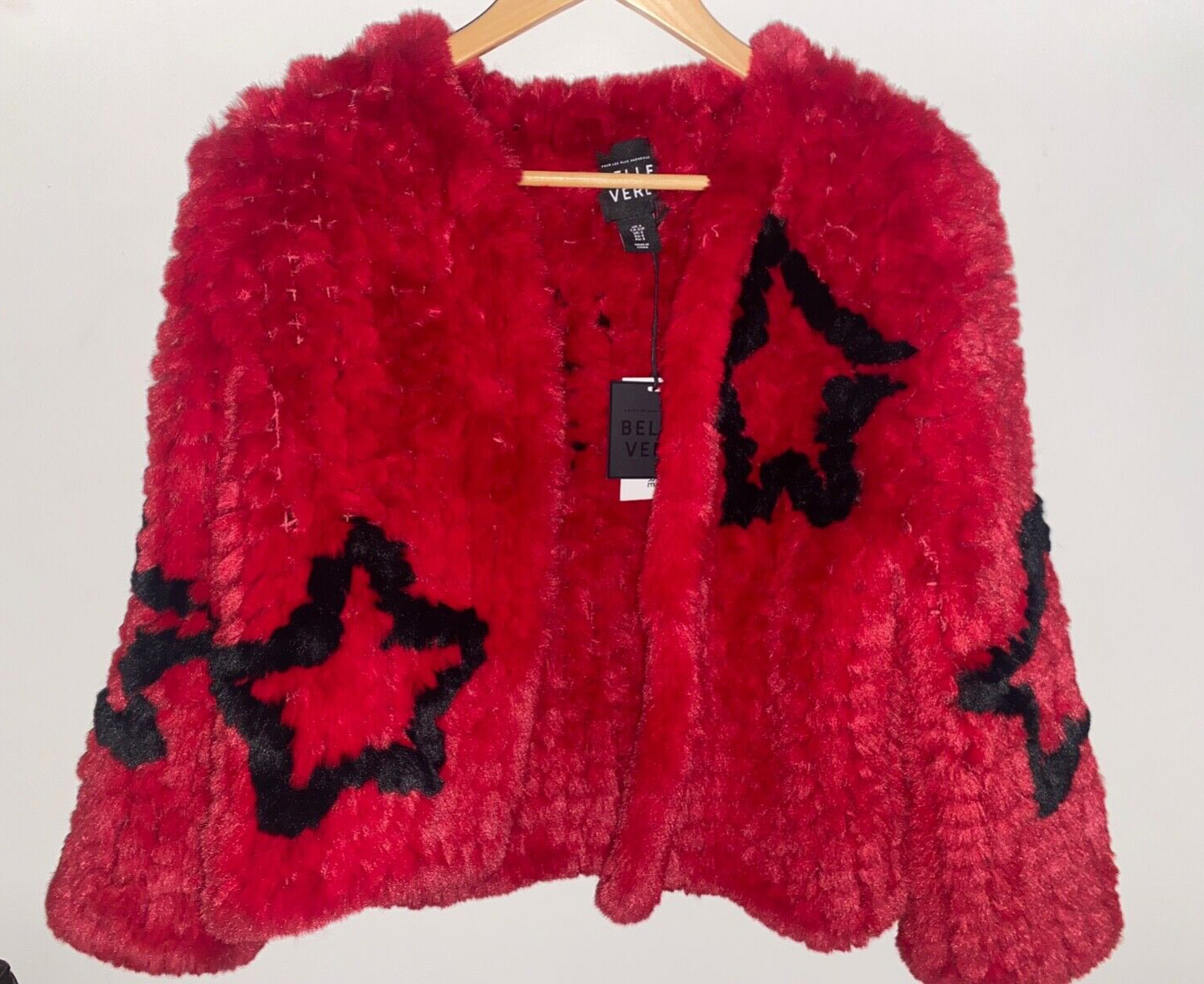 NEW ! NWT BELLE VERE Faux Fur Star Print Topper Jacket Red Size S