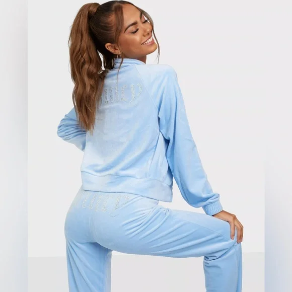 NEW! JUICY COUTURE Velour OG Bling Tracksuit Hoodie & Pant Set Light Blue Size M