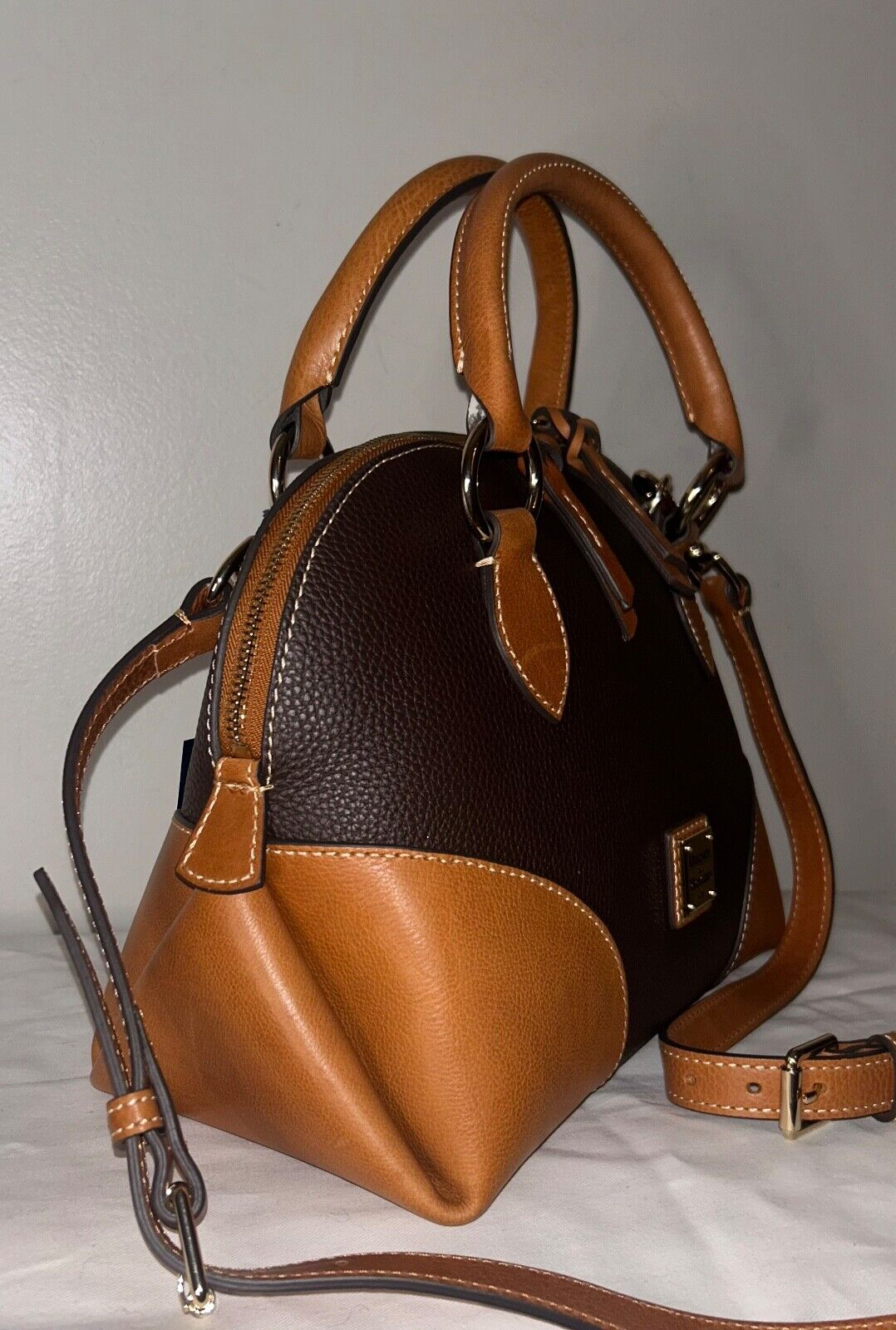 NEW! NWT DOONEY & BOURKE Pebble with Florentine Leather Trim Domed Satchel Brown