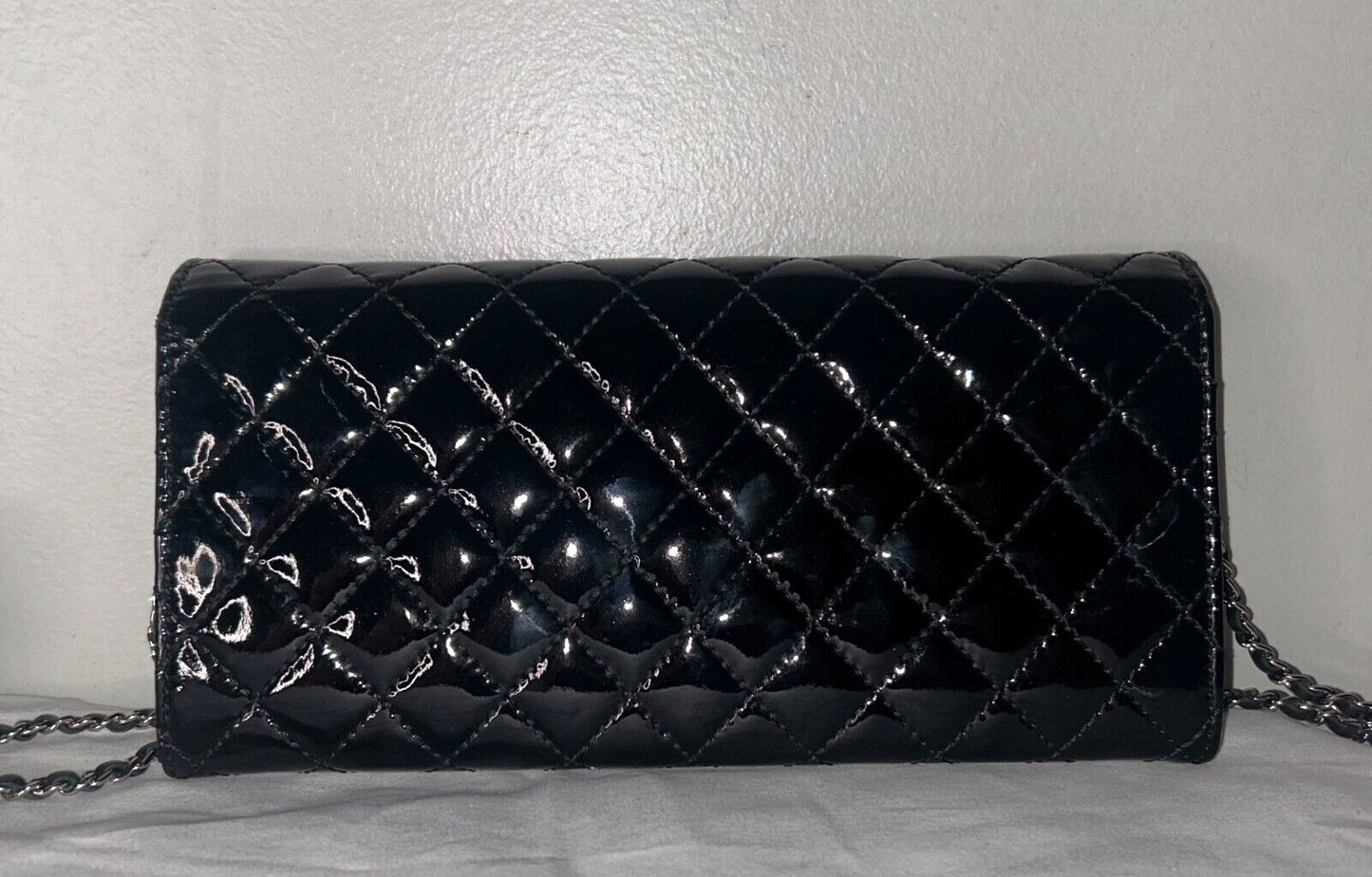 CHANEL Classic Quilted Patent Leather East West WOC Shoulder Bag Black