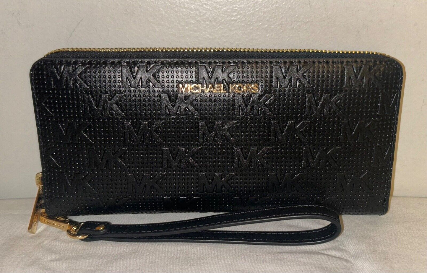 $258 NEW! NWT MICHAEL KORS MK Logo Jet Set Continental Wristlet Wallet Black