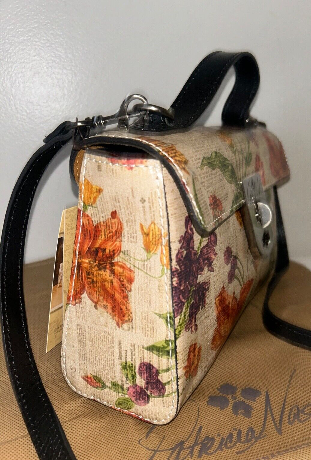 NEW! NWT PATRICIA NASH Parisian Newspaper Carisbrooke Floral Satchel Bag Beige