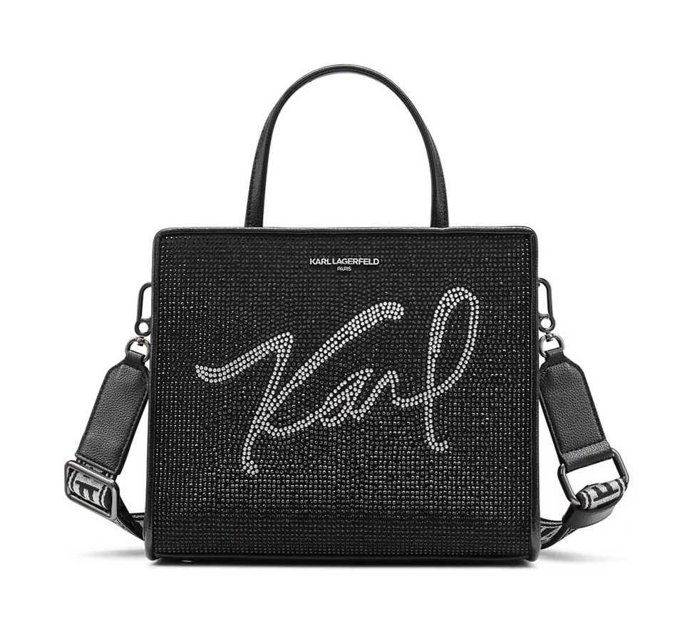 NEW! NWT KARL LAGERFELD Paris Maybelle Crystal Satchel Bag Black Metallic