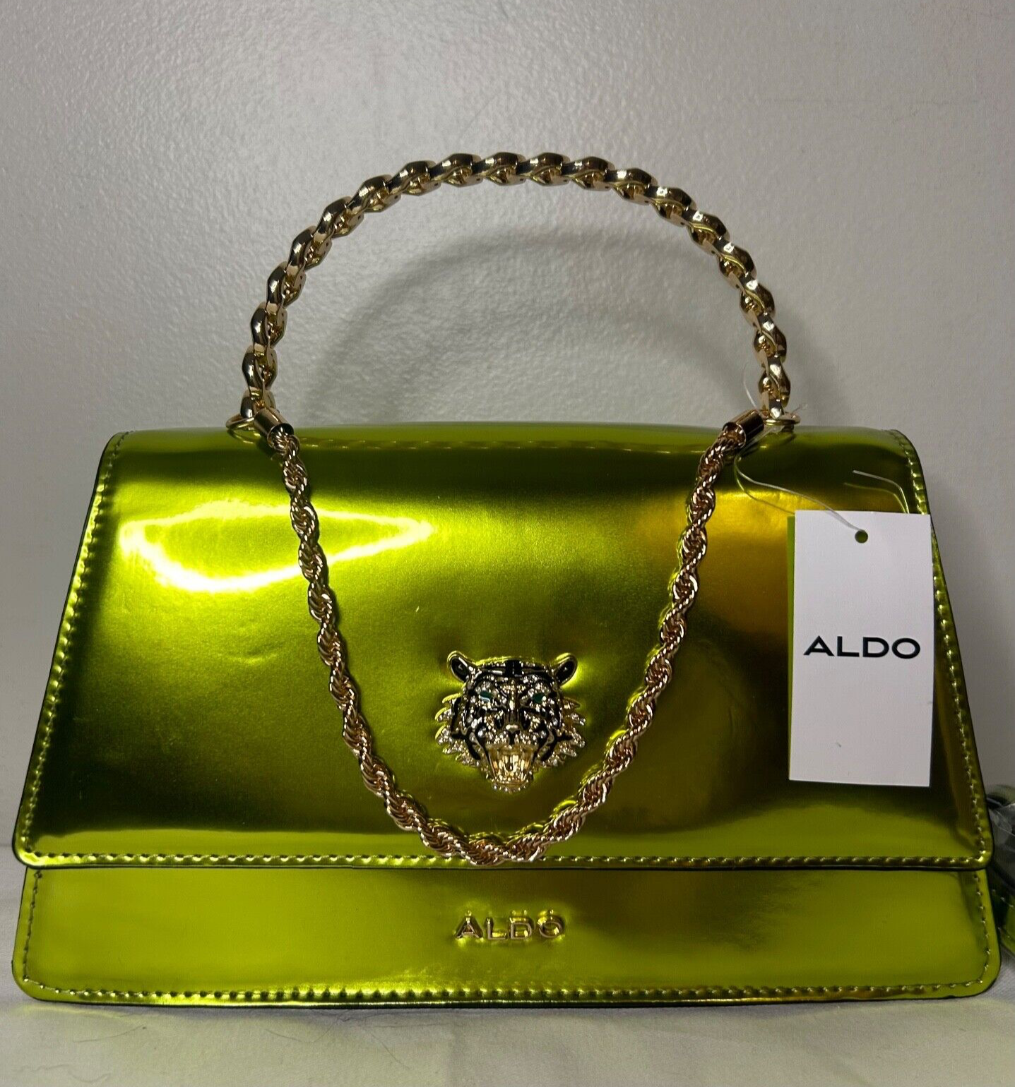 NEW! NWT ALDO Mini Top Handle Chain Tiger Bag Patent Shiny Green