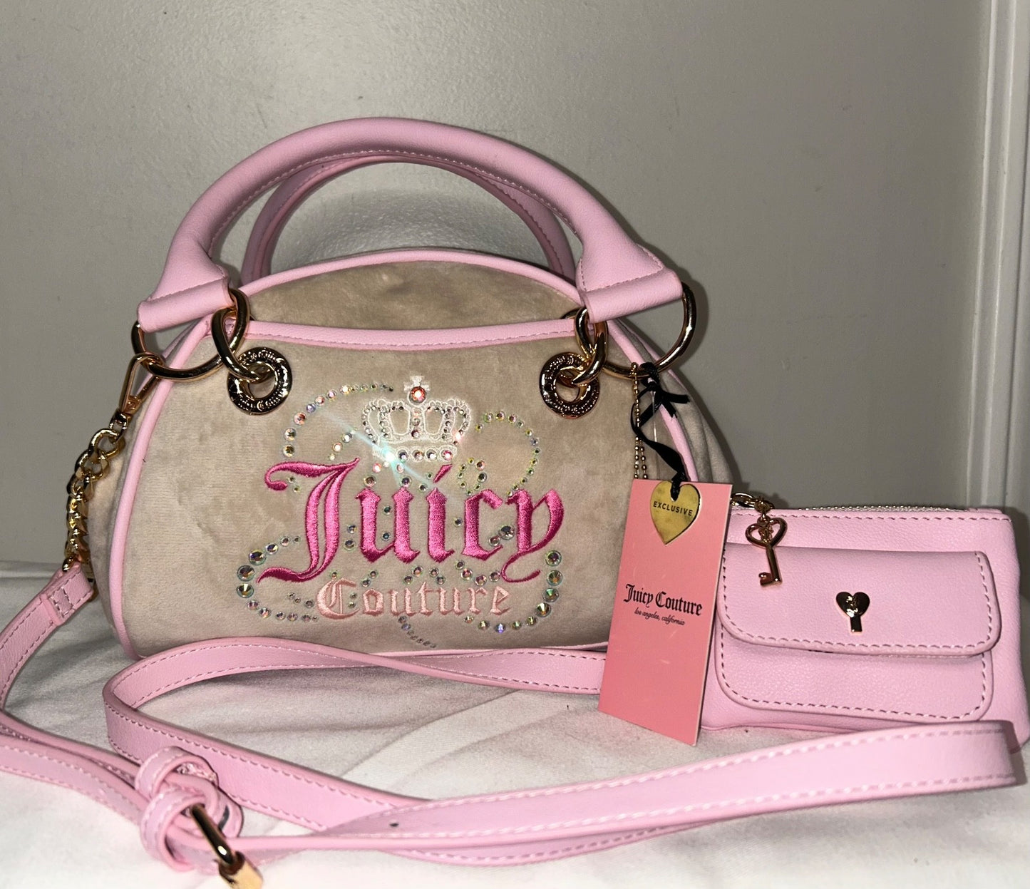 NEW! NWT JUICY COUTURE Velour Dreamy Juicy Satchel Bag in Sandstone/Light Pink