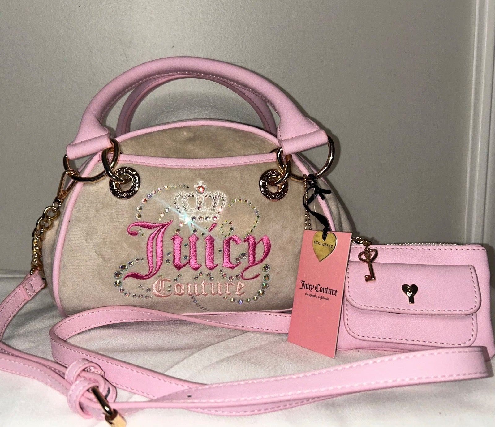 NEW! NWT JUICY COUTURE Velour Dreamy Juicy Satchel Bag in Sandstone/Light Pink
