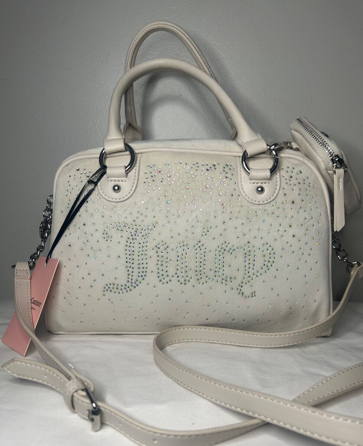 NEW! NWT JUICY COUTURE Let It Shine Bowler Velour Crossbody Bag Crystal Ivory