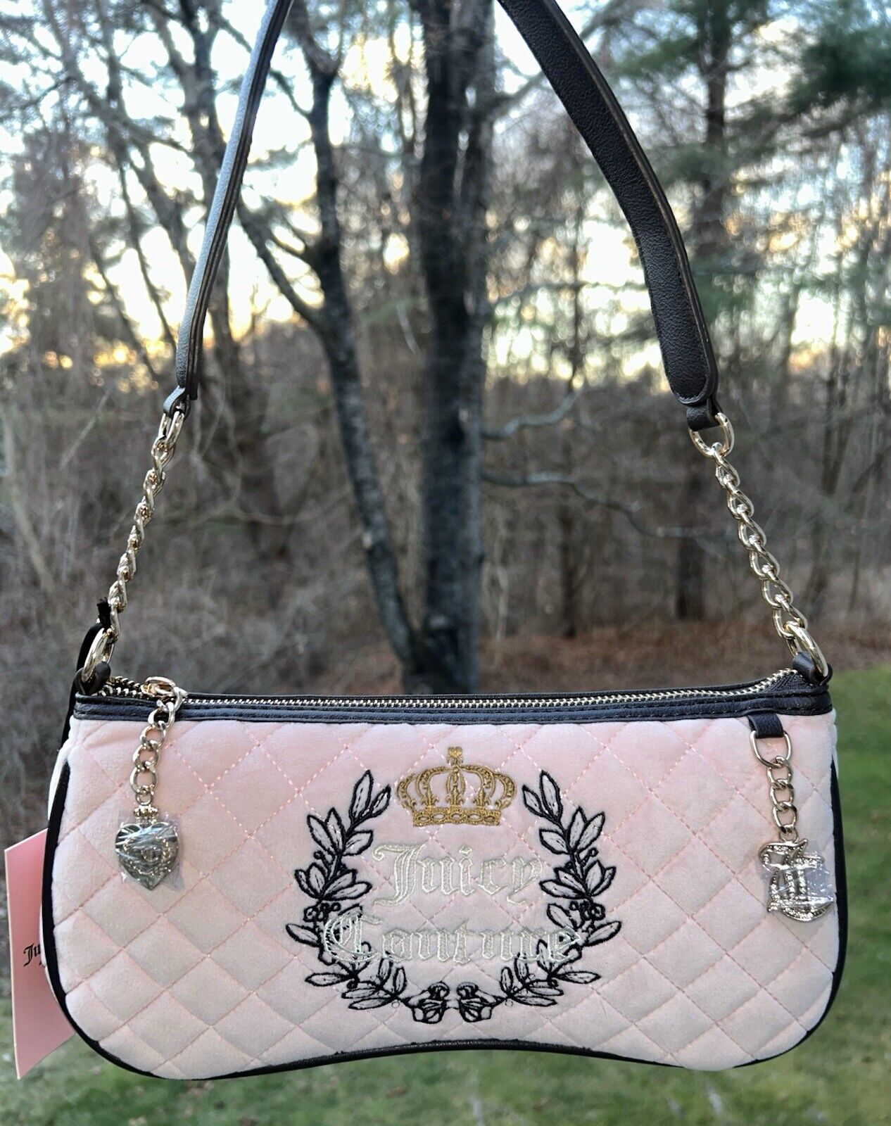 NEW! NWT JUICY COUTURE Royal Moment Velour Quilted Shoulder Bag Pink Clay