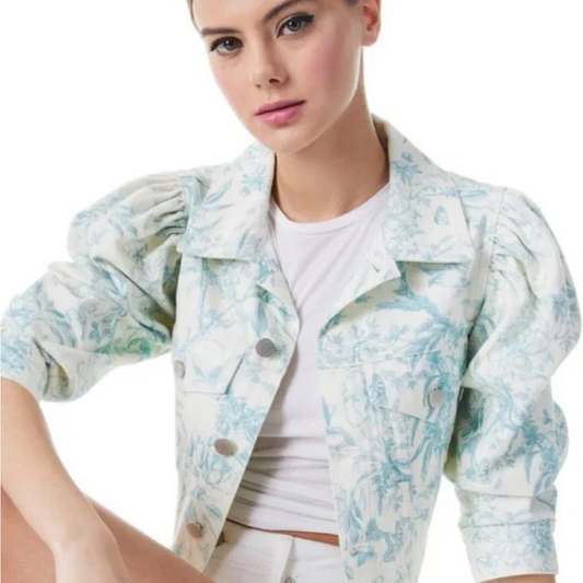 NEW! NWT ELIE TAHARI Antique Floral Printed Raw Hem Denim Jacket White Size M