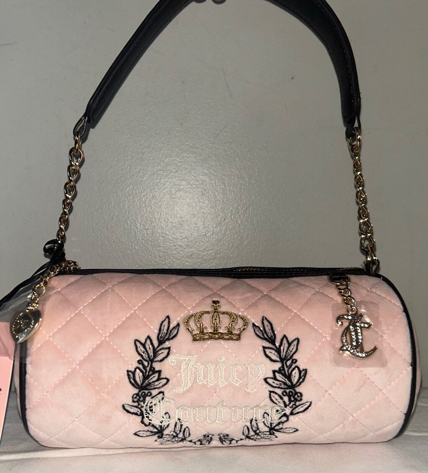 NEW! NWT JUICY COUTURE Royal Moment Velour Quilted Mini Barrel Bag Pink Clay