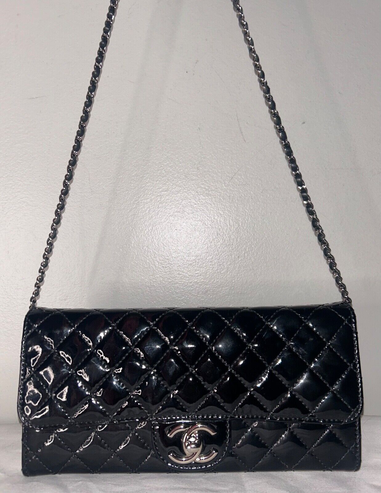 CHANEL Classic Quilted Patent Leather East West WOC Shoulder Bag Black