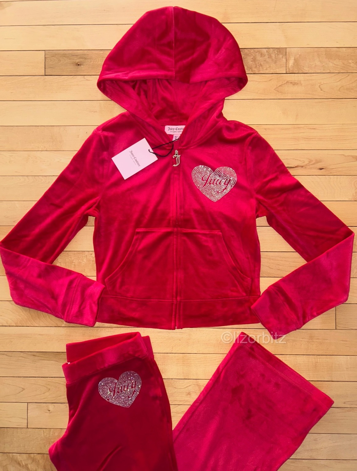 NEW! NWT JUICY COUTURE Velour Bling Heart Logo Tracksuit Set in Flash Red Size S