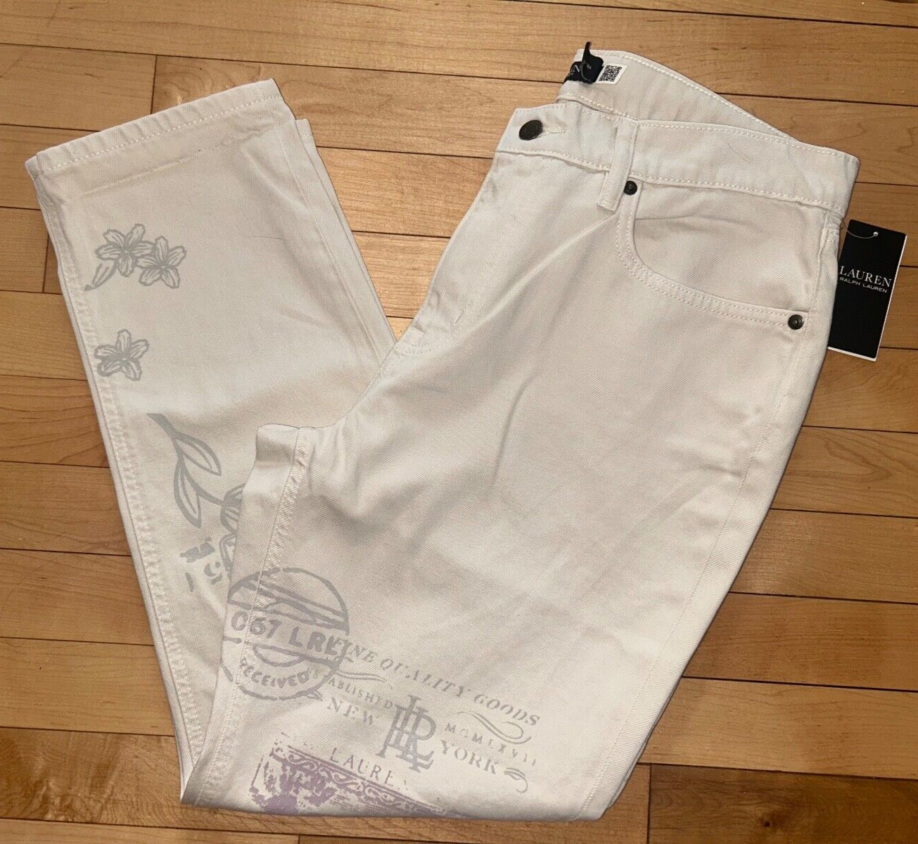 NEW! NWT LAUREN RALPH LAUREN Print Relaxed Tapered Ankle Jean Cream Wash Size 10