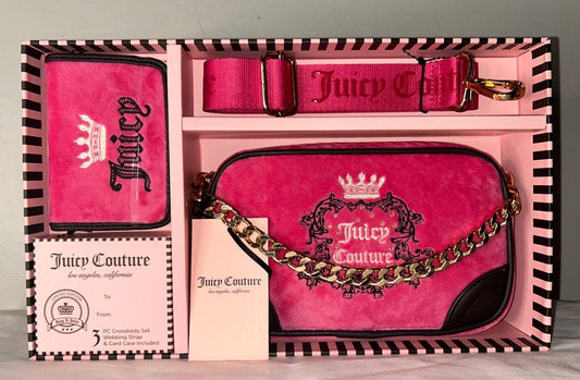 NEW! NWT JUICY COUTURE Heritage Velour Crossbody Bag 3 Piece Set Free Love Pink