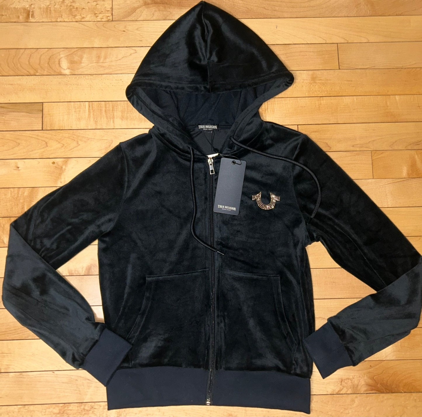 NEW! NWT TRUE RELIGION Velour Angel Wings Zip Up Hoodie Black Size XS