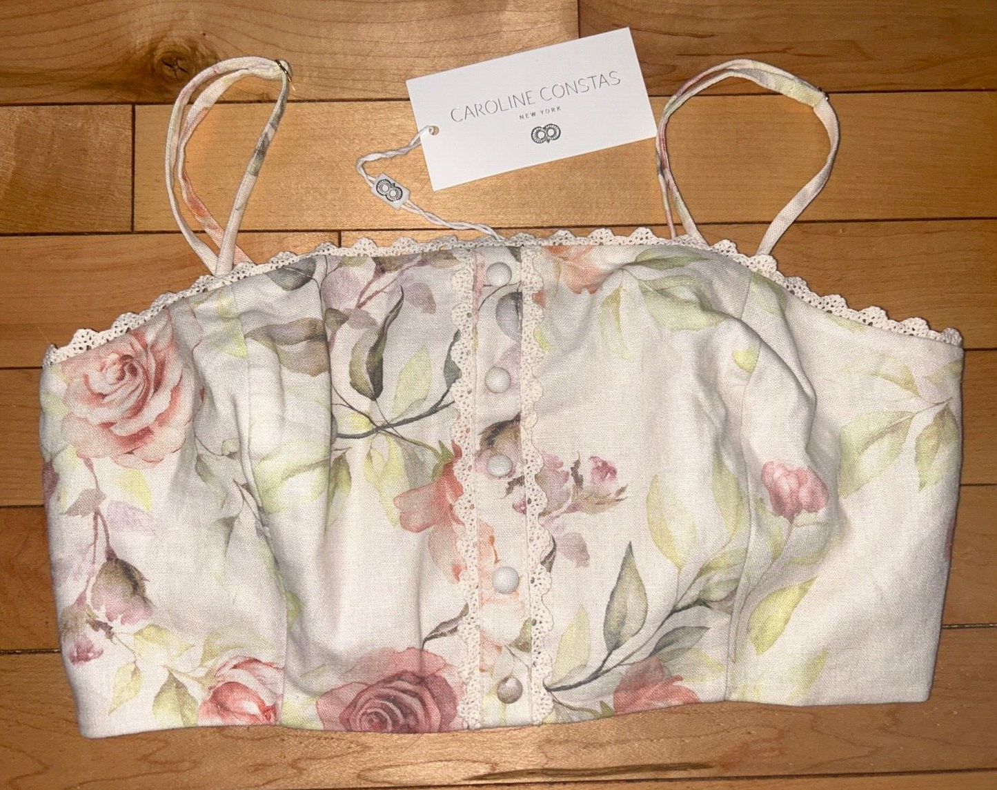 $695 NEW! NWT CAROLINE CONSTAS Linen Crop Top & Short Rose Print Set Size XS