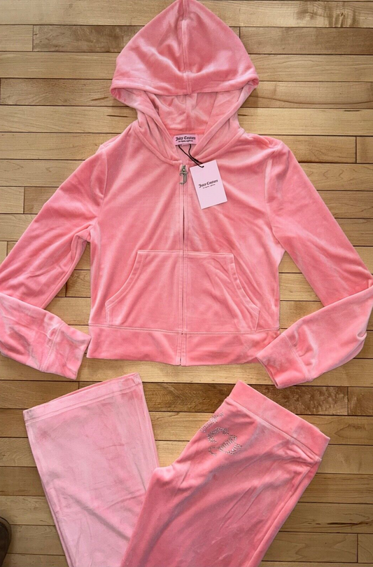NEW! JUICY COUTURE Velour OG Bling Tracksuit Hoodie & Pant Set Strawberry Ice S