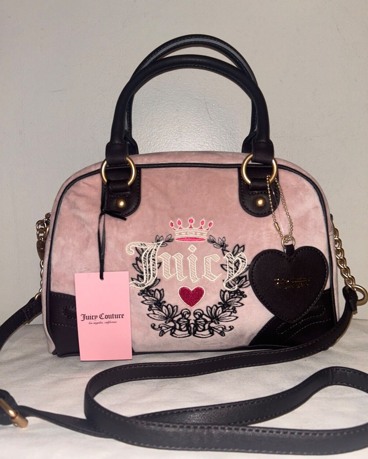 NEW! NWT JUICY COUTURE Urban Heritage Bowler Velour Crossbody Bag Dusty Pink