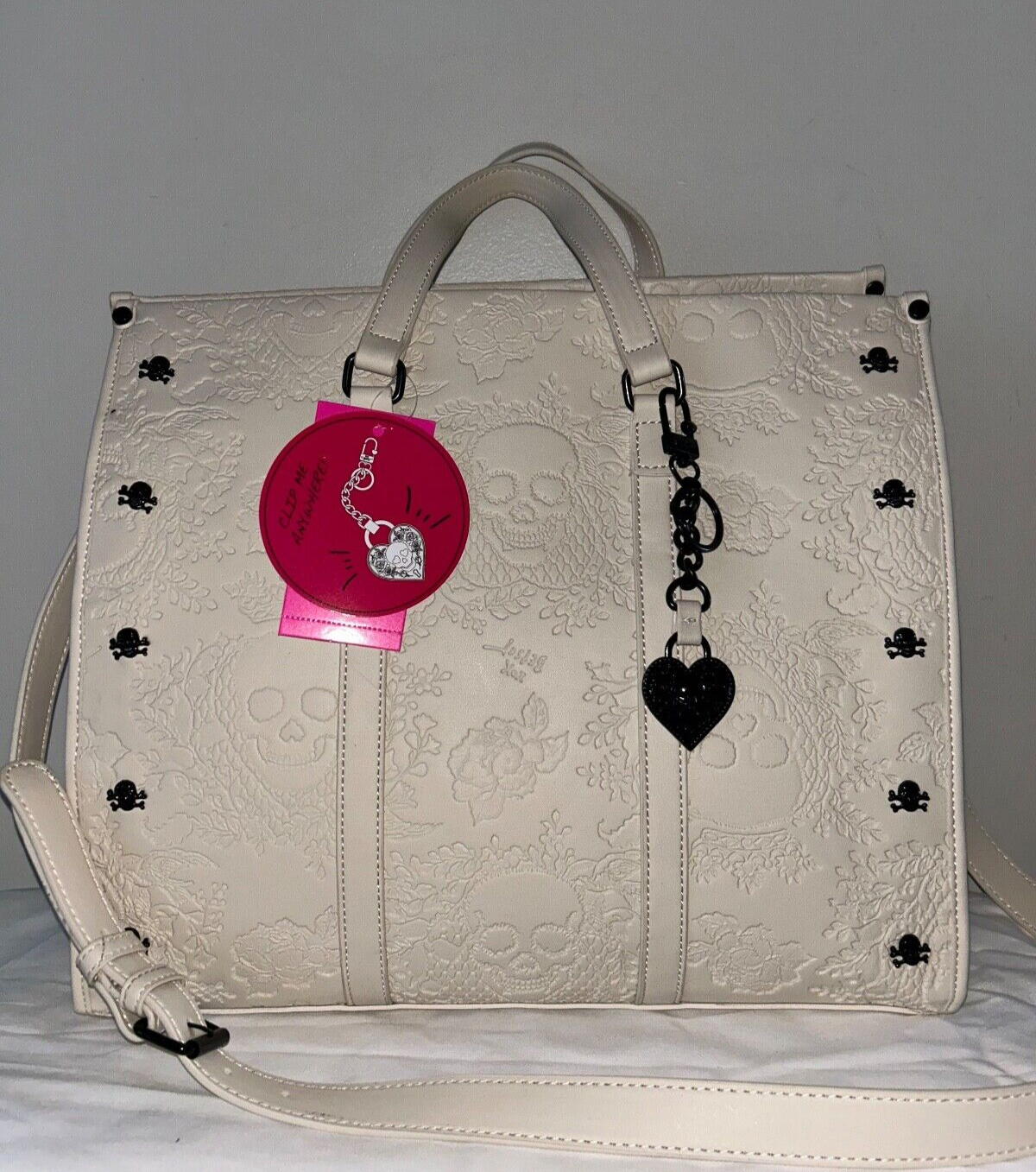 NEW! NWT BETSEY JOHNSON Large Skull Embossed XOMattie Tote Bag Chalk White