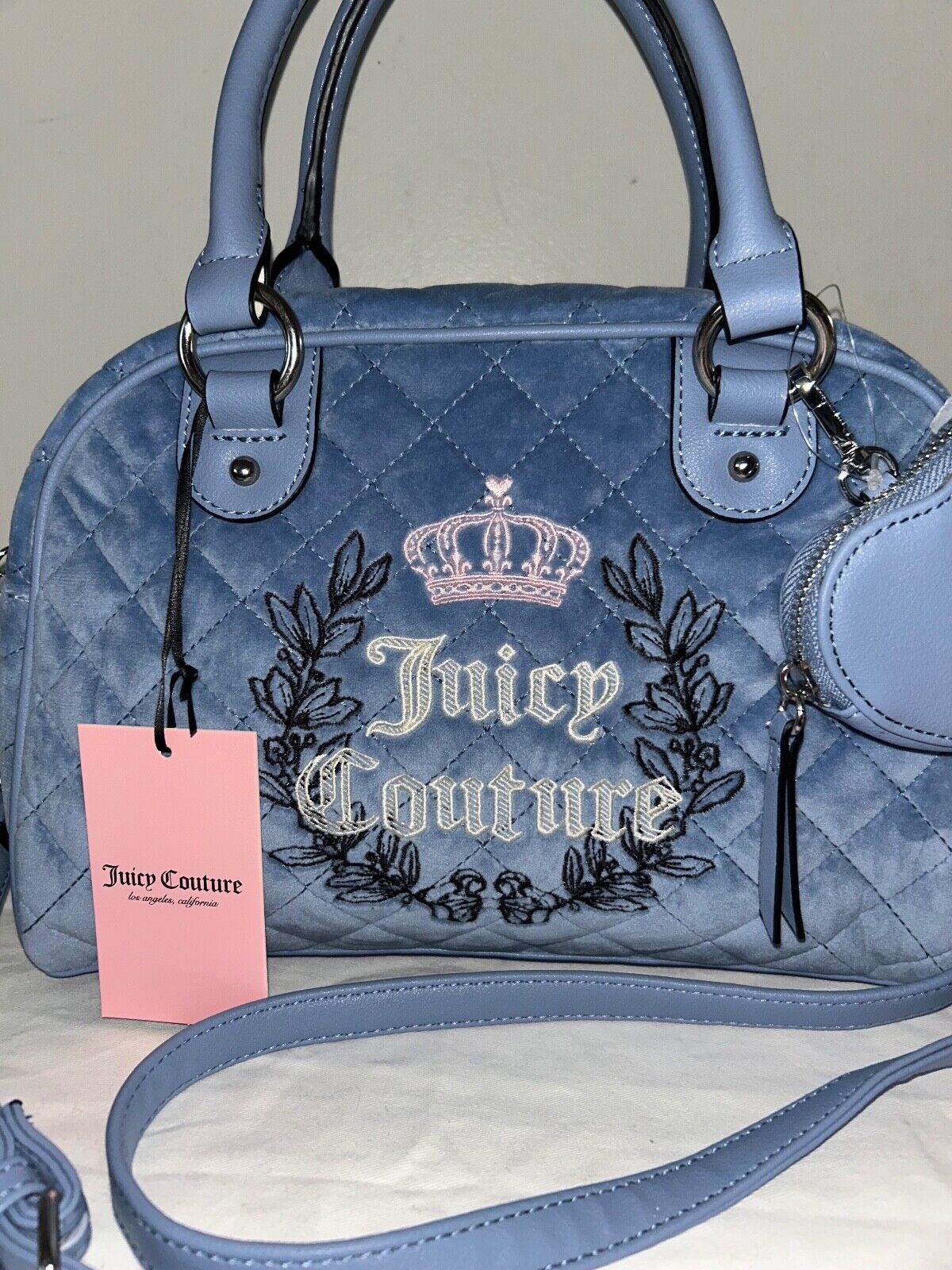 NEW! NWT JUICY COUTURE Royal Moment Velour Quilted Bowler Bag Slate Blue