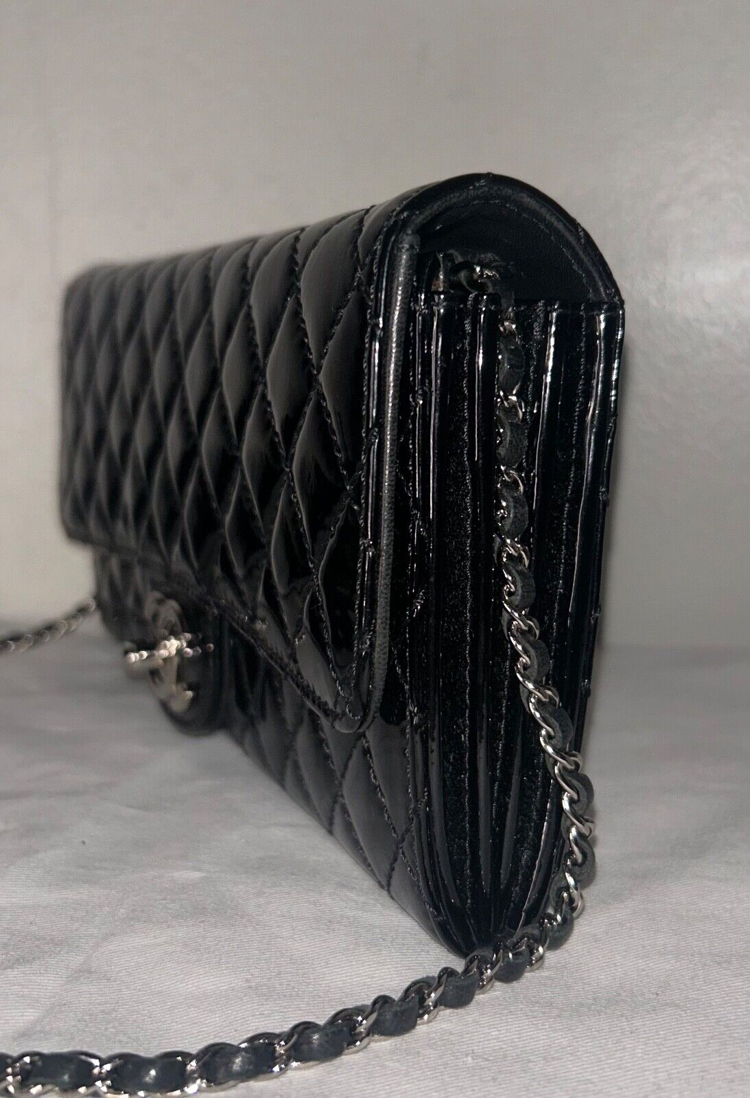 CHANEL Classic Quilted Patent Leather East West WOC Shoulder Bag Black