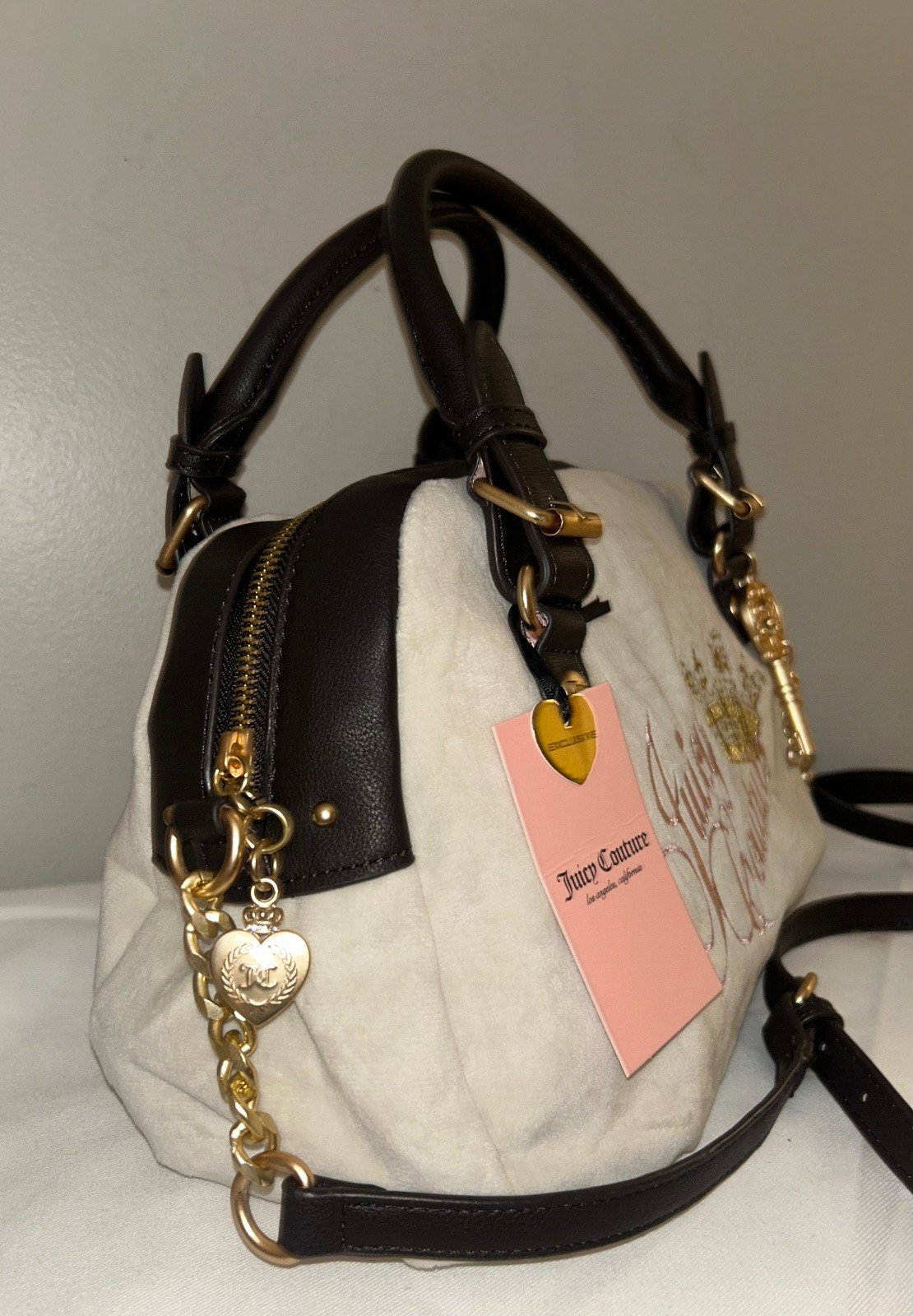 NEW! NWT JUICY COUTURE The Key To Juicy Velour Satchel Bag Crystal Ivory