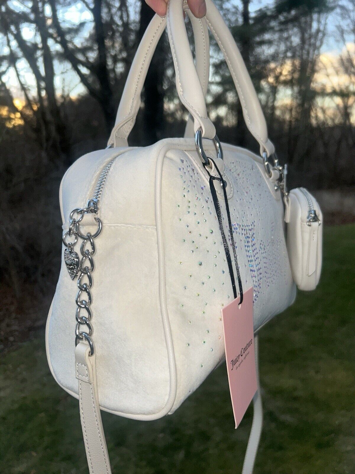 NEW! NWT JUICY COUTURE Let It Shine Bowler Velour Crossbody Bag Crystal Ivory