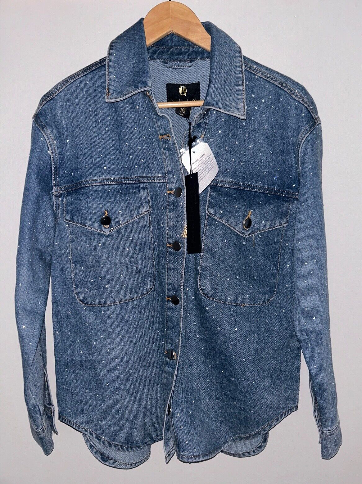 NEW! NWT HOUSE OF HARLOW 1960 Crystal Rhinestone Denim Jean Jacket Size XS