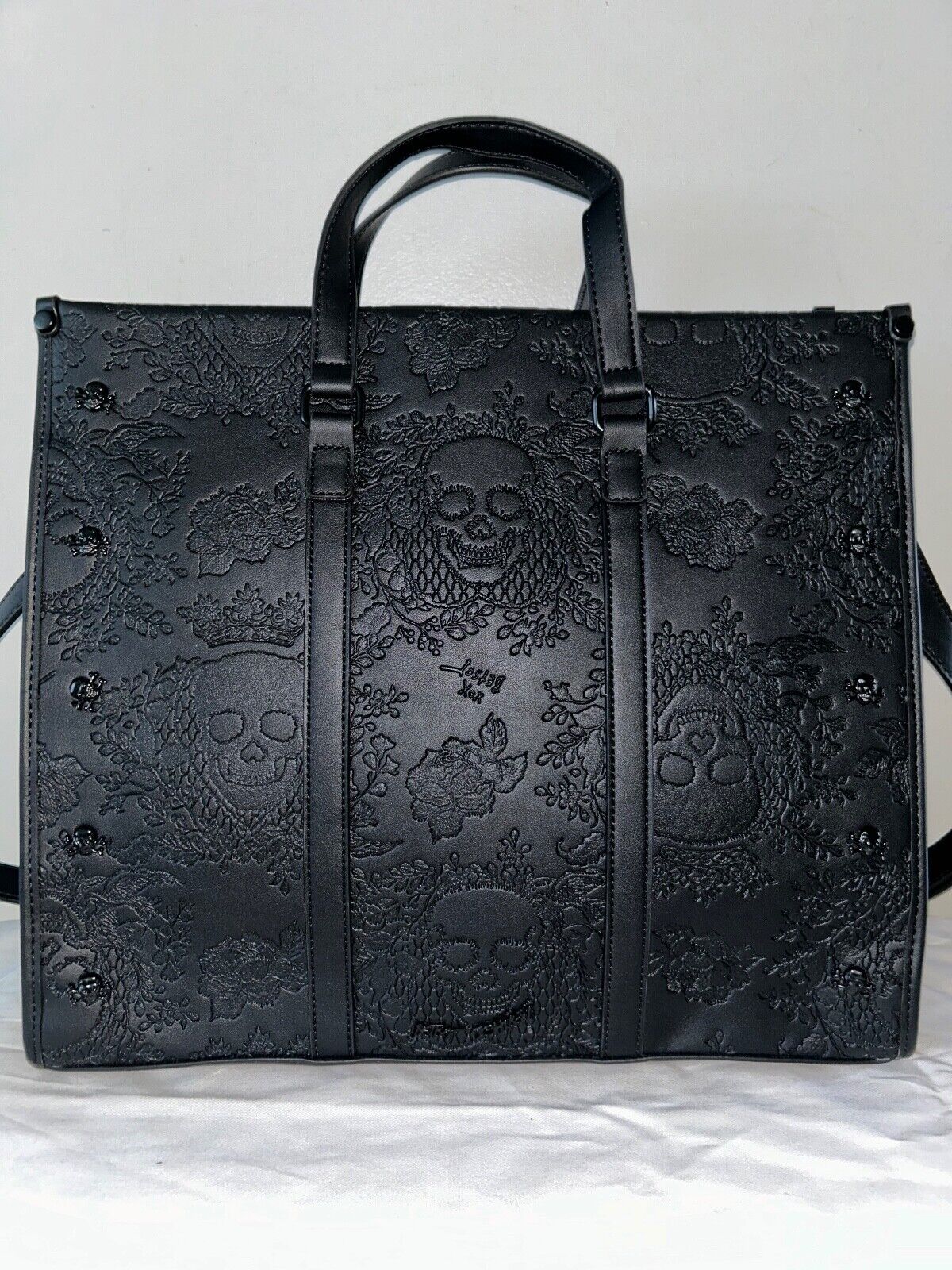 NEW! NWT BETSEY JOHNSON Large Skull Embossed XOMattie Tote Bag Black