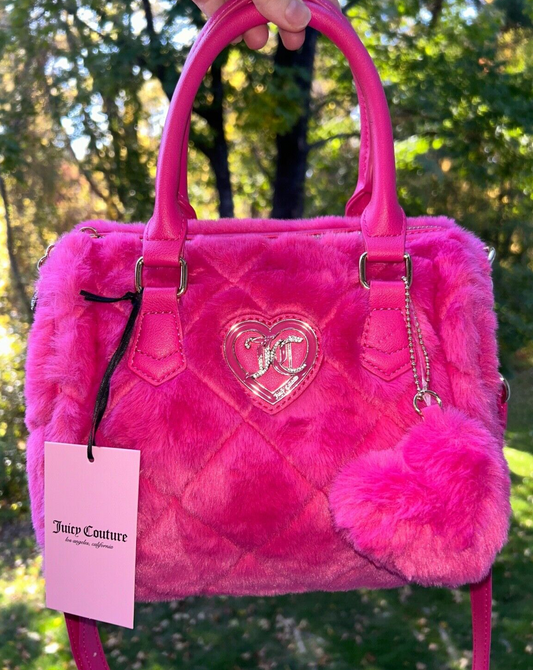 NEW! NWT JUICY COUTURE Lets Get Cozy Faux Fur Satchel Bag Pink Flash