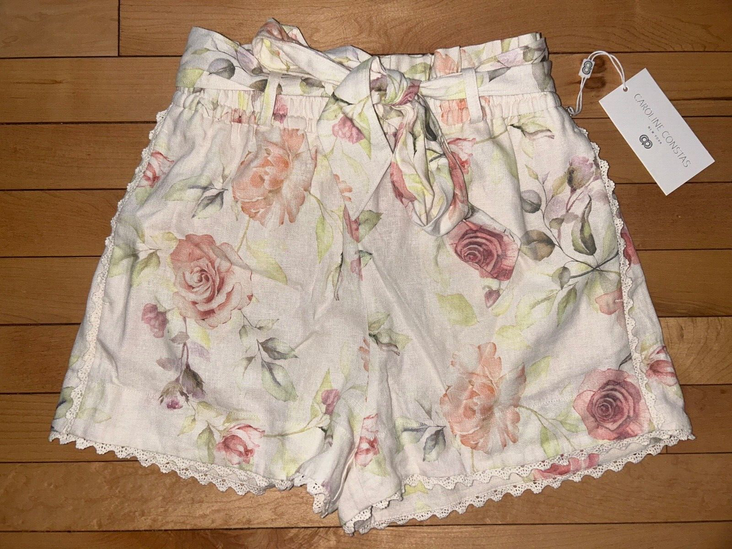 $695 NEW! NWT CAROLINE CONSTAS Linen Crop Top & Short Rose Print Set Size XS