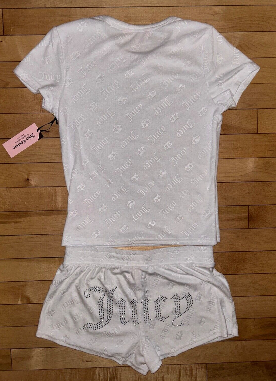 NEW ! NWT JUICY COUTURE Velour JC Crown Bling Logo Set White Size L