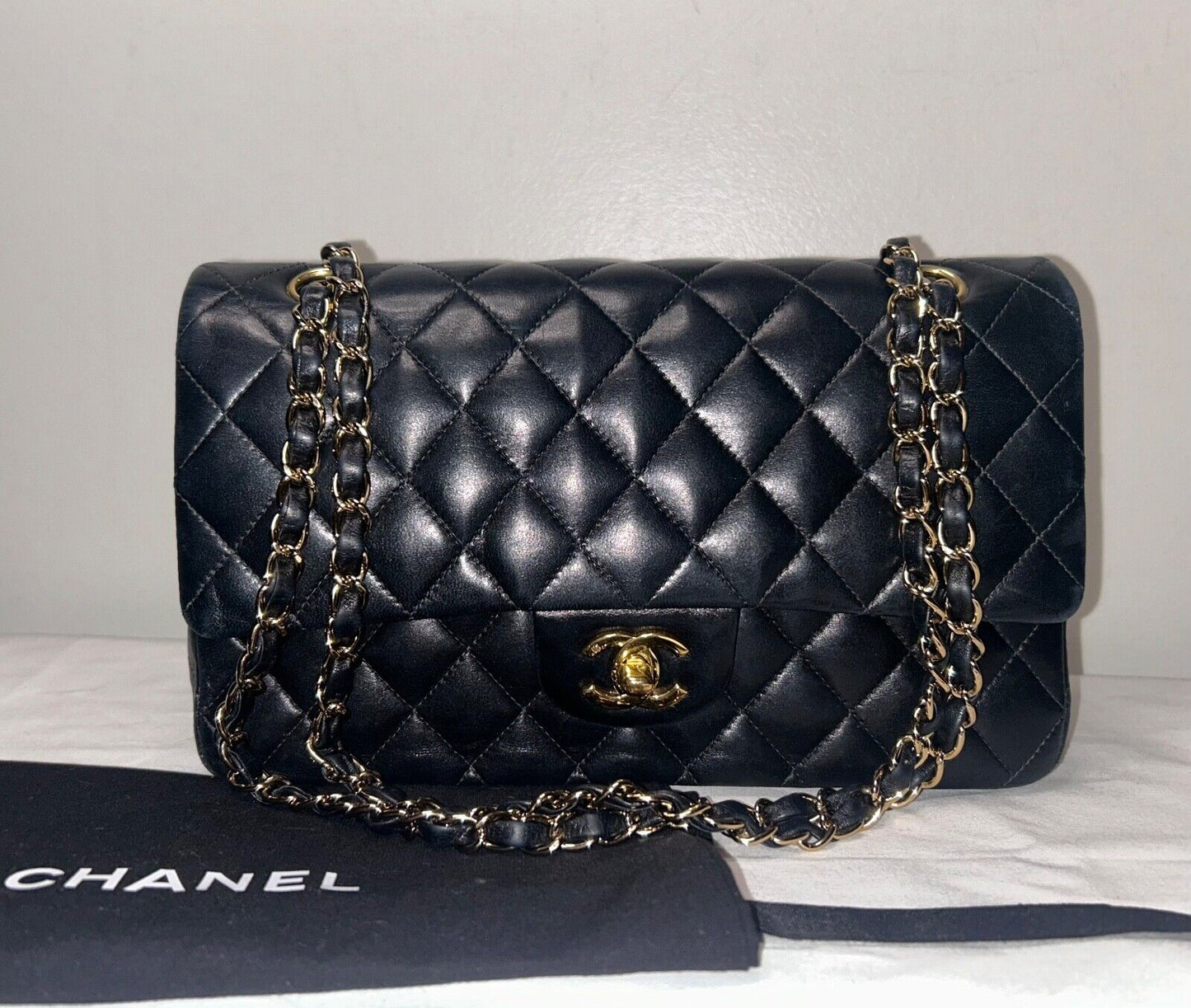 CHANEL Classic Medium Double Flap Lambskin Quilted Handbag Black/Gold