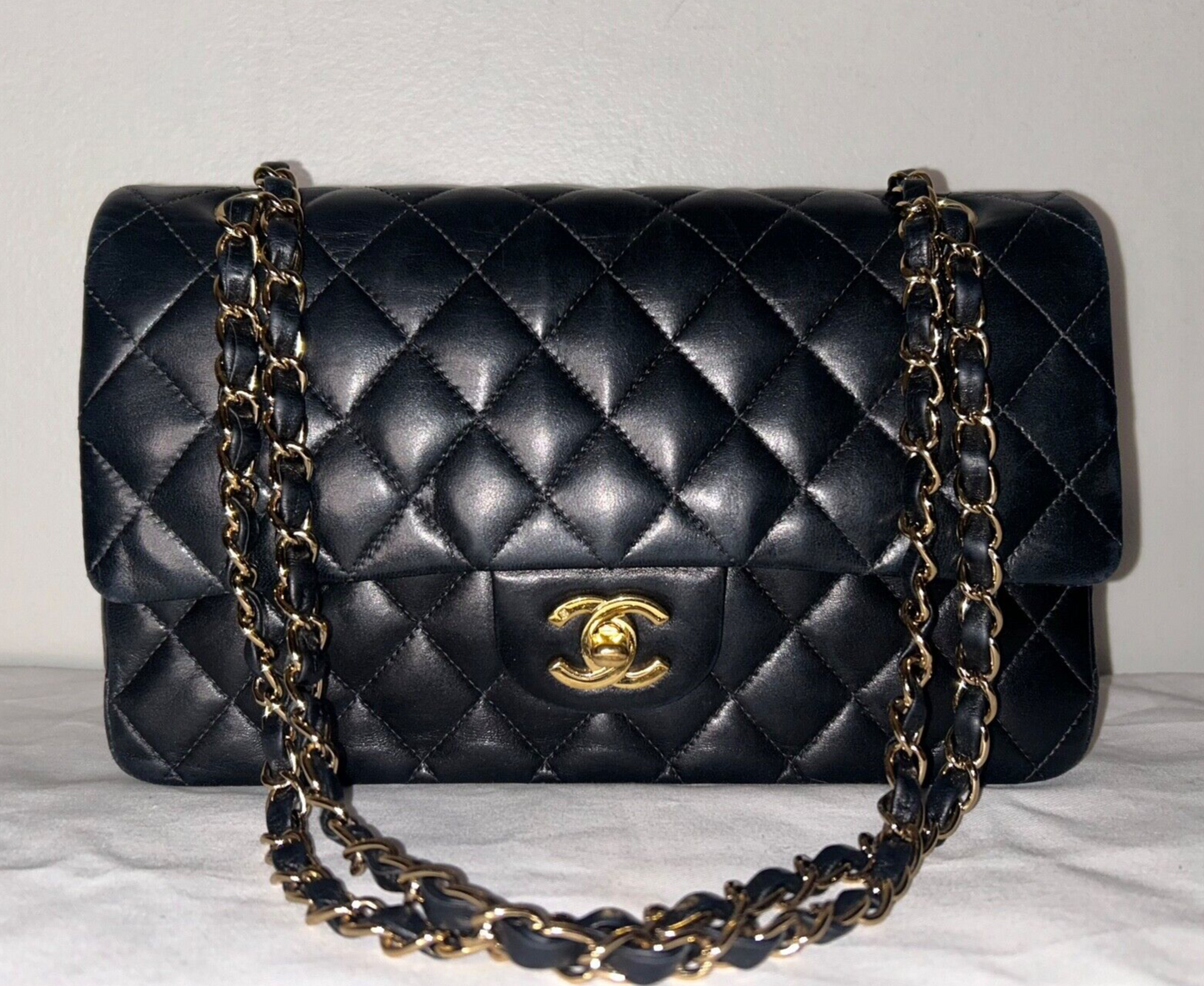 CHANEL Classic Medium Double Flap Lambskin Quilted Handbag Black/Gold