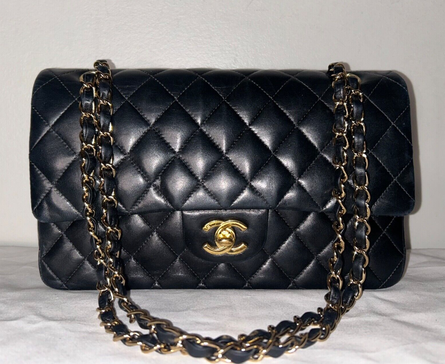 CHANEL Classic Medium Double Flap Lambskin Quilted Handbag Black/Gold