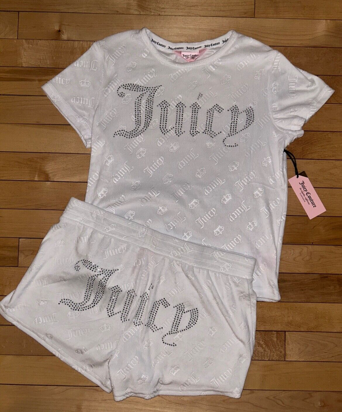 NEW ! NWT JUICY COUTURE Velour JC Crown Bling Logo Set White Size L