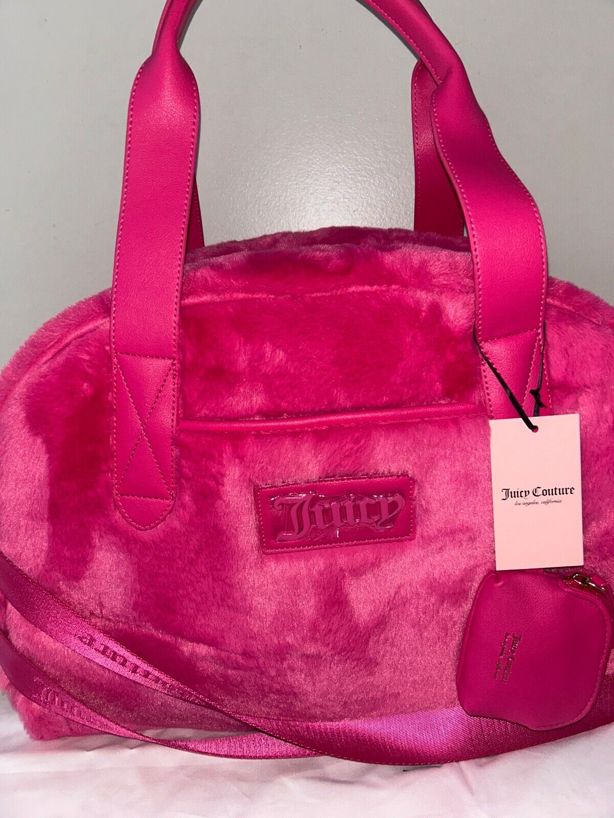 NEW! NWT JUICY COUTURE Faux Fur Charmed Dome Weekender Bag Pink Flash