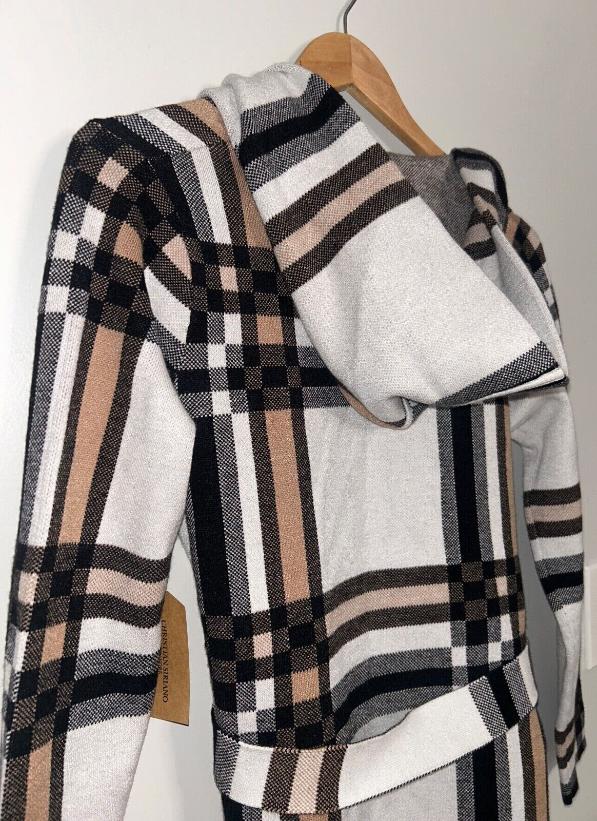 NEW! NWT CHRISTIAN SIRIANO Hooded Plaid Cardigan Sweater White/Tan Multi Size S