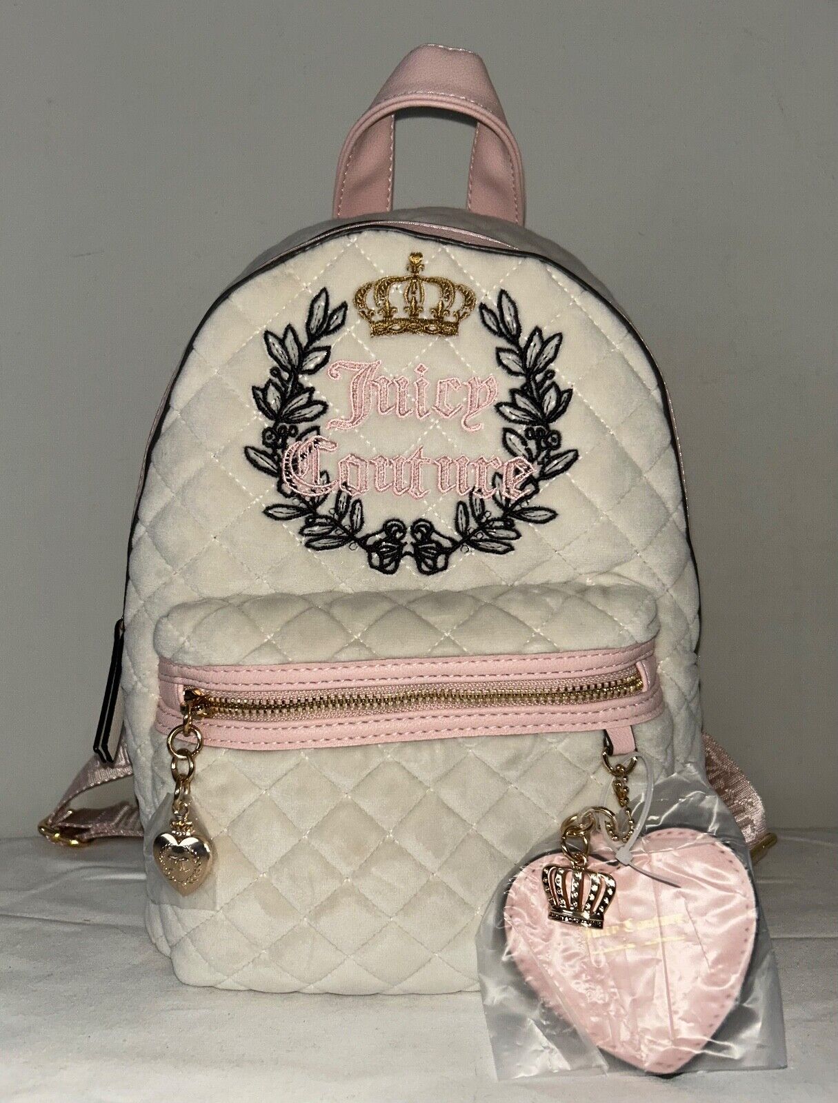 NEW ! NWT JUICY COUTURE Velour Royal Moment Medium Backpack Crystal/Pink Clay