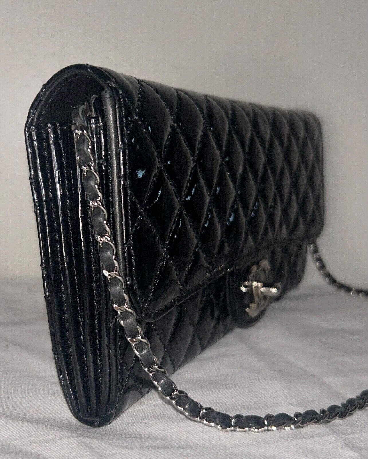 CHANEL Classic Quilted Patent Leather East West WOC Shoulder Bag Black