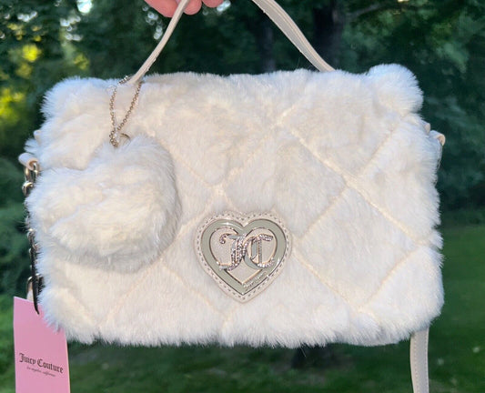 NEW! NWT JUICY COUTURE Lets Get Cozy Faux Fur Crossbody Angel White