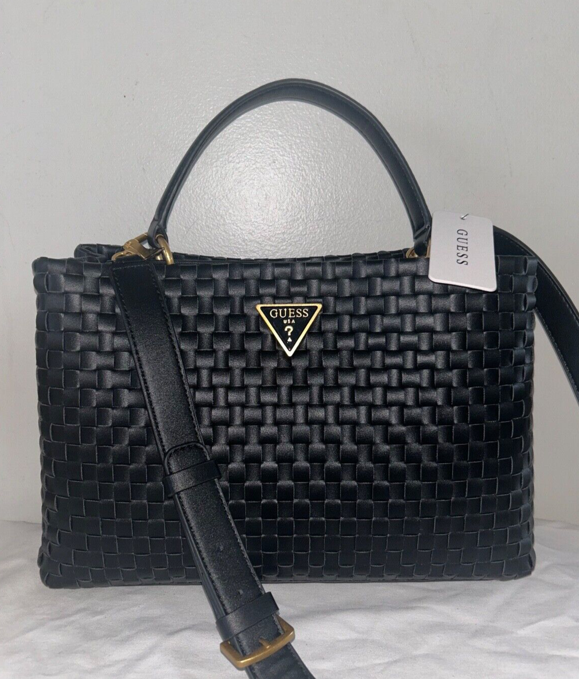 NEW ! NWT GUESS Lisbet  2 Compartment Woven Satchel Handbag Black