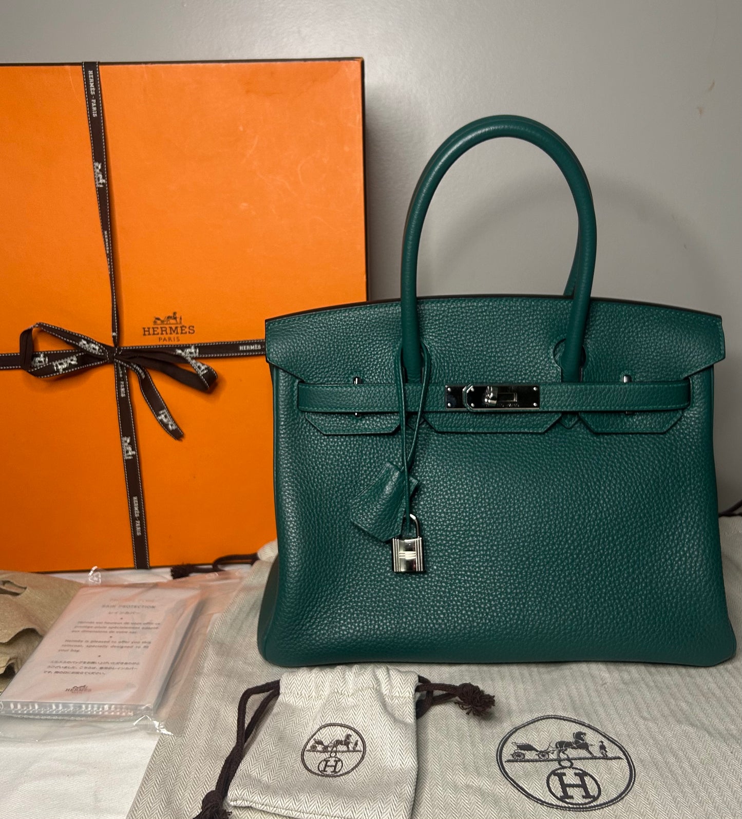 HERMÈS Birkin 30 Malachite Togo Leather Palladium Hardware Handbag