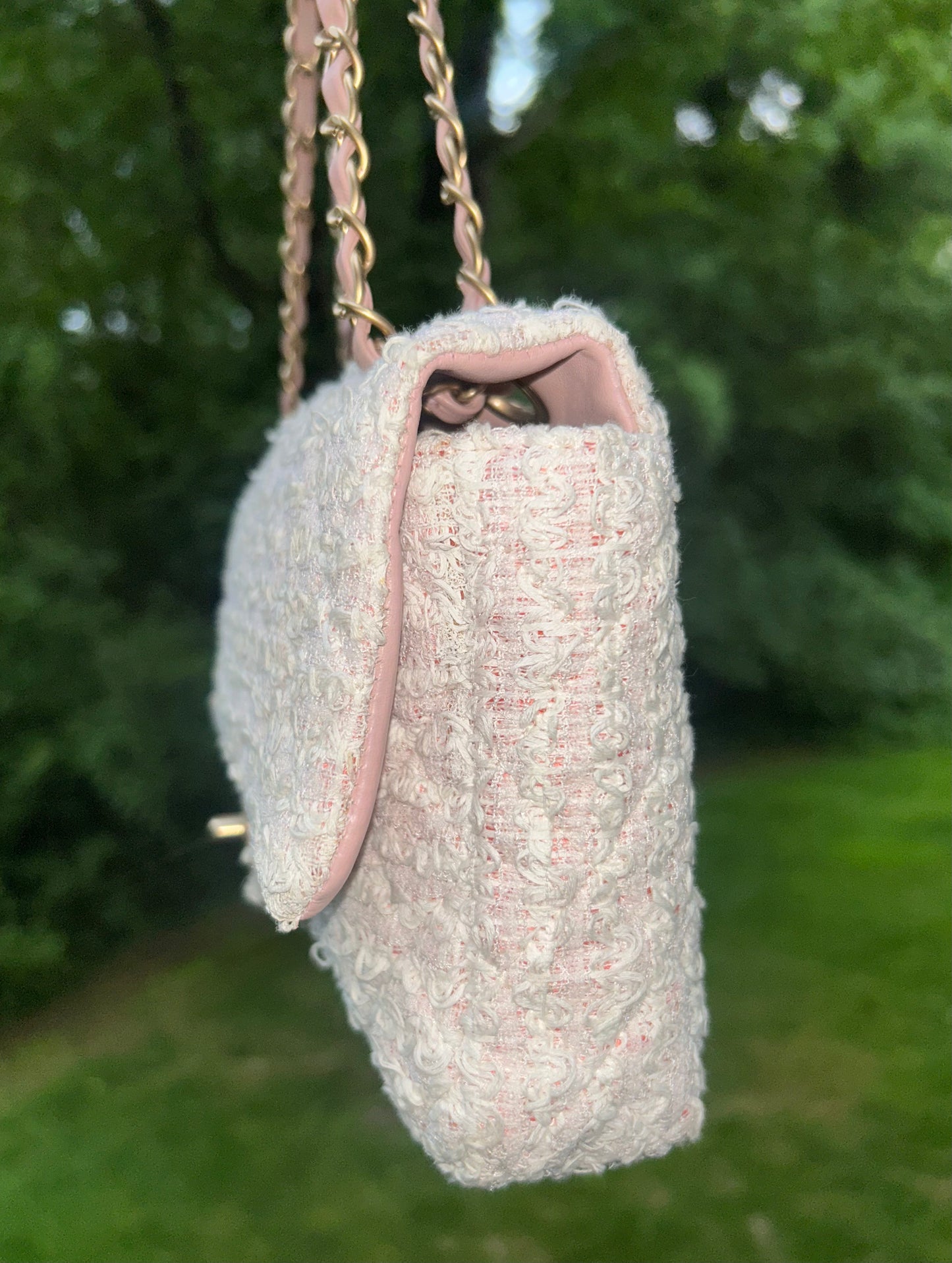 CHANEL Medium Classic Quilted Tweed Single Flap Bag Light Pink / Gold Hardware