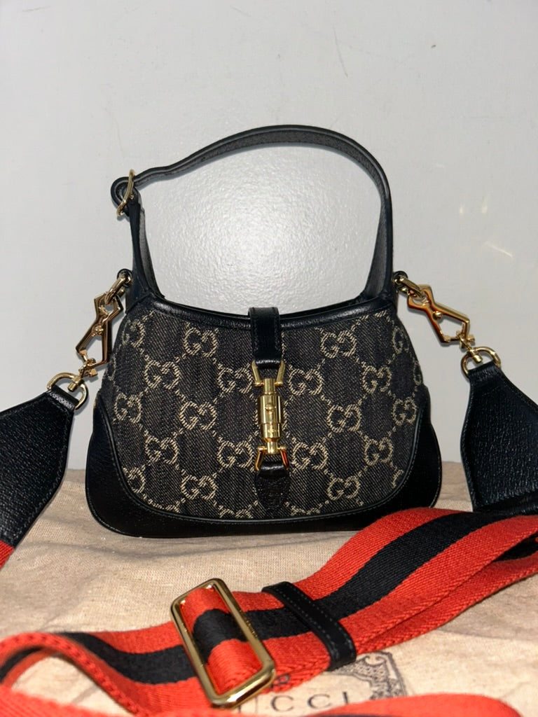 GUCCI Jackie 1961 Mini Shoulder Bag Black & Ivory GG Supreme Denim/Leather