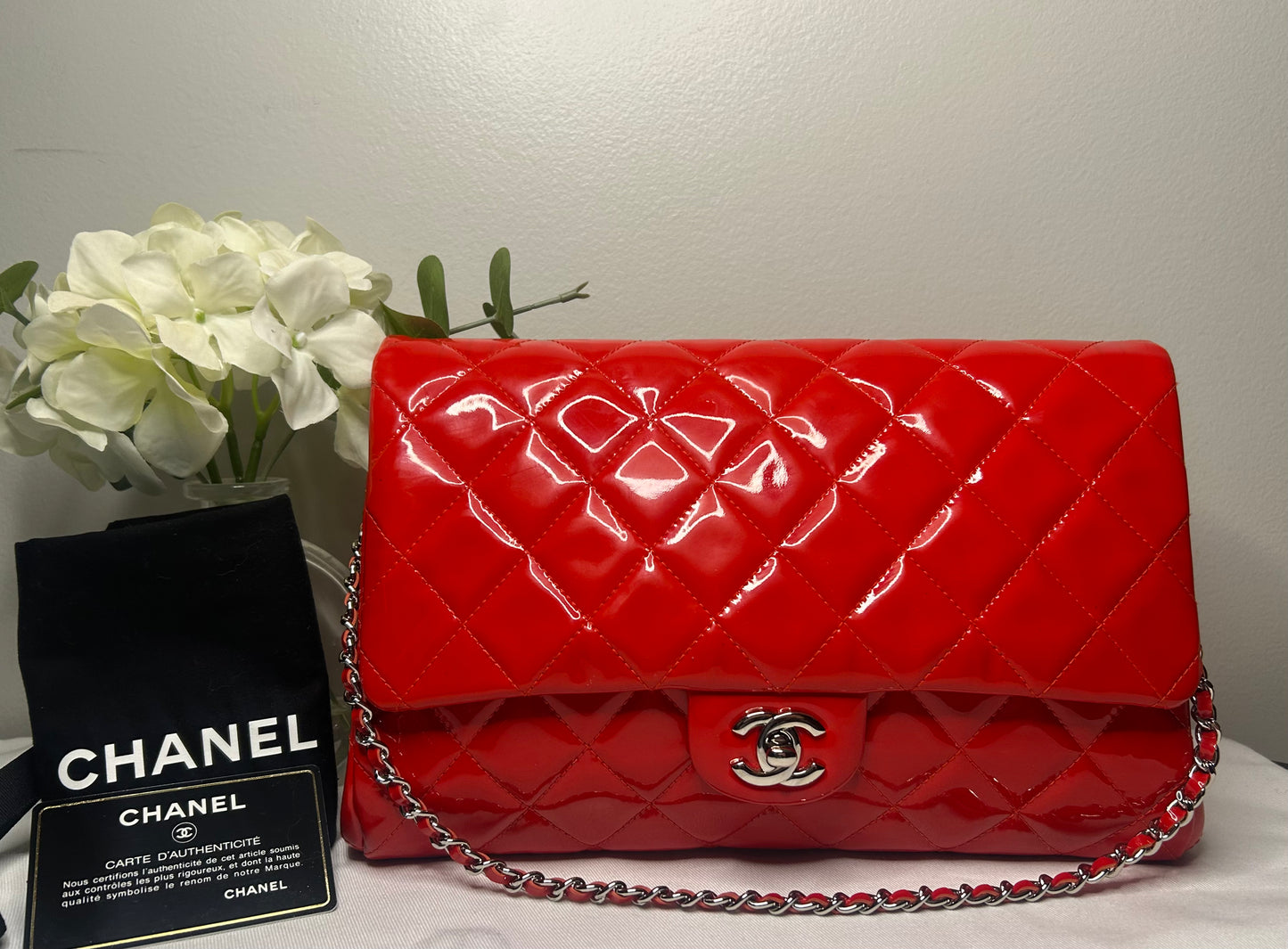 CHANEL CC Classic Quilted Patent Leather Single Flap Shoulder Bag Red