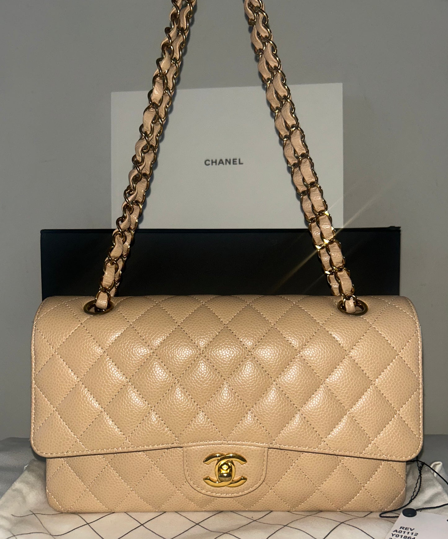 CHANEL 23S Classic Medium Double Flap Caviar Quilted Handbag Beige Clair/ Gold