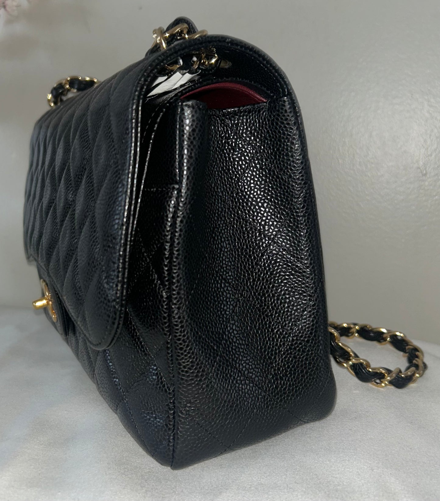 CHANEL Classic Jumbo Double Flap Quilted Caviar Leather Handbag Black/Gold