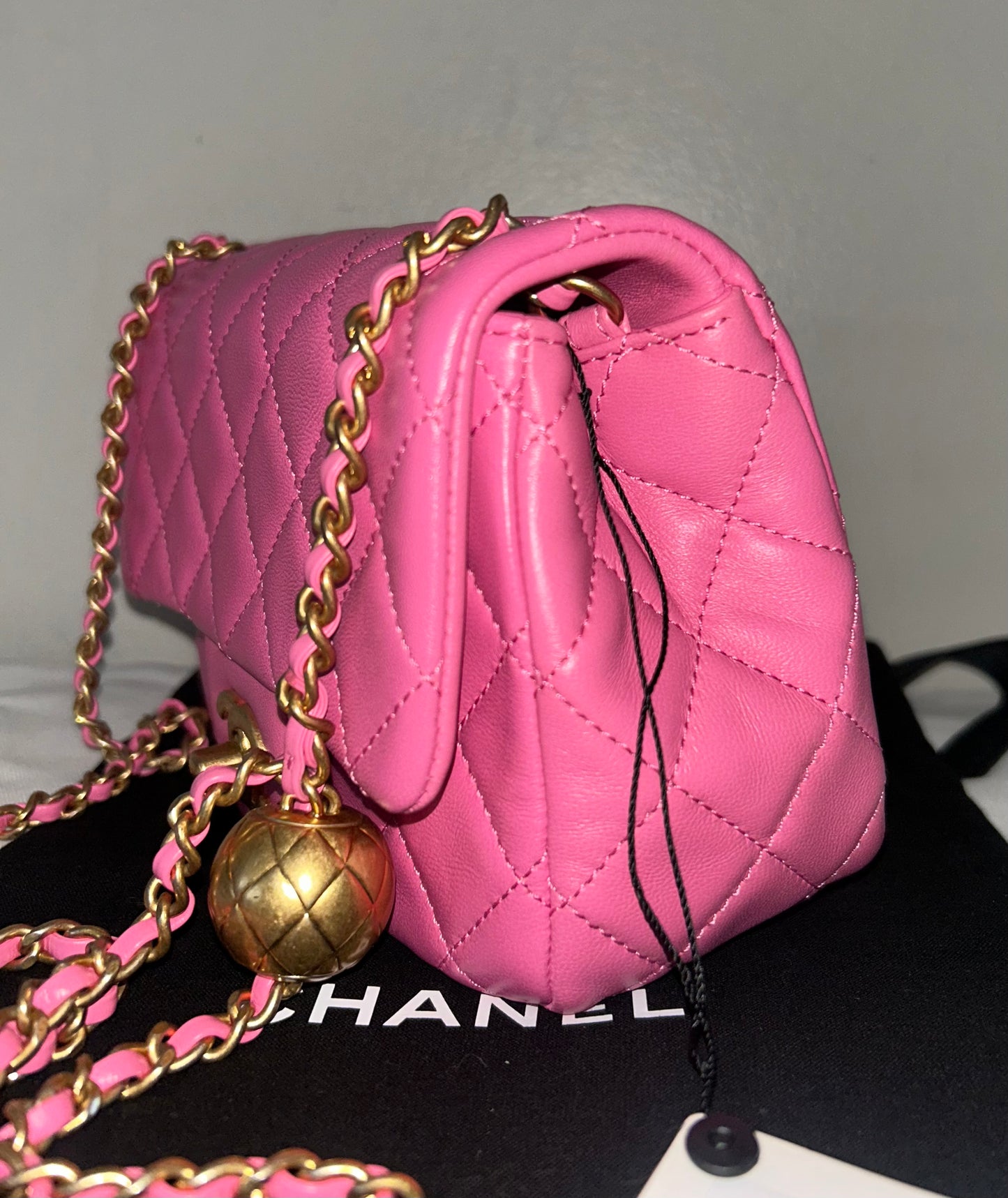 CHANEL Mini Square Pearl Crush Flap Bag Quilted Lambskin Pink / Gold